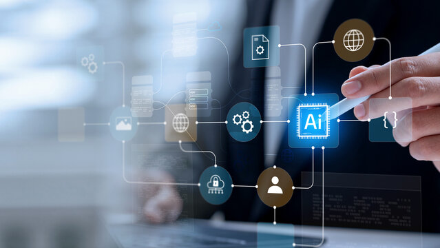AI workflow optimization concept. showing hand using stylus on digital interface with AI chip, cloud computing, and workflow icons representing automation and machine learning innovation. - Powered by Adobe