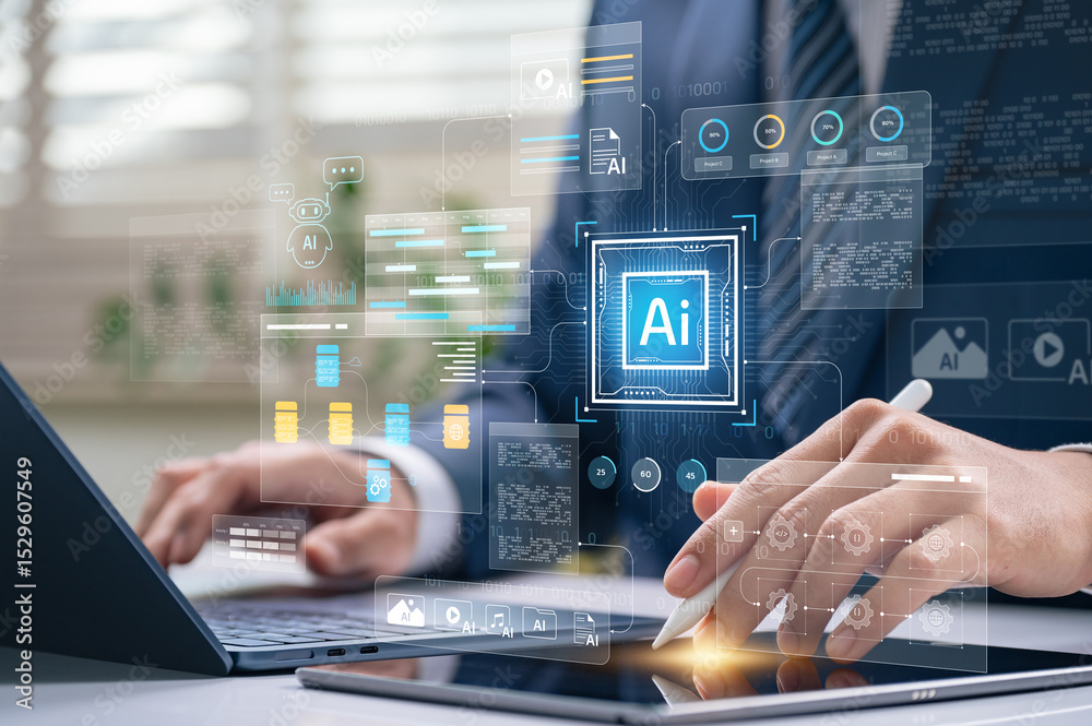 Fototapete AI integration and workflow automation concept. professional managing data systems on laptop and tablet with virtual chatbot, analytics dashboard, and digital process flow interface