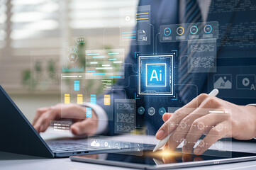 AI integration and workflow automation concept. professional managing data systems on laptop and tablet with virtual chatbot, analytics dashboard, and digital process flow interface