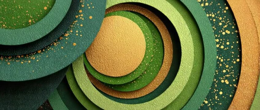 Intricate layers of paper create stunning green and gold patterns in this unique art composition
