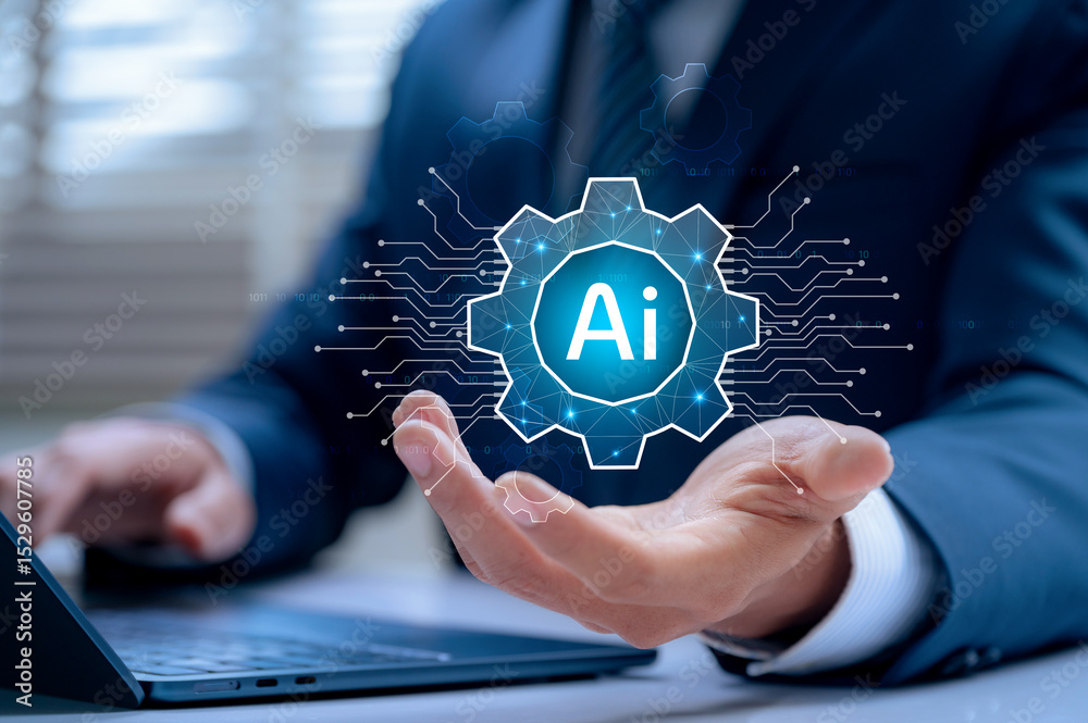 Poster AI integration in business technology concept with a businessman holding a virtual gear icon, automation systems, smart workflow processes, and enterprise innovation in digital transformation