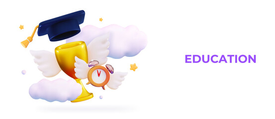3d Education concept Graduation hat over golden trophy Study learning back to school Study award, achievement in education