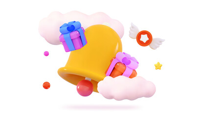 3D bell and gift box Notification of sales Discounts for online shopping Promo codes Gift certificates Holiday sale concept