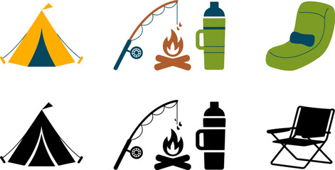 Fototapeta premium Camping equipment vector icons set tent fishing rod campfire water bottle and chairs vector illustration editable stock vector illustration