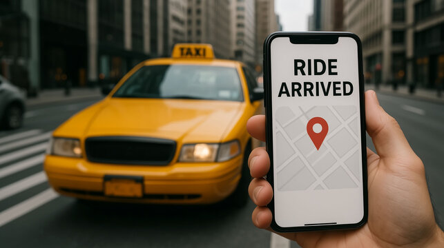 Ride arrived on mobile phone taxi booking application with cab taxi on background concept for order taxi service in urban city transportation