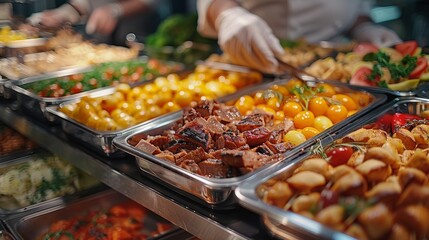 Obraz premium A vibrant display of a buffet featuring an array of colorful dishes, showcasing culinary diversity and appealing to the senses, perfect for food enthusiasts and gatherings.