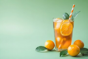 An up-close view of  A bright green backdrop with a large text space&nbsp;a glass of kumquat cold tea with a straw&nbsp;and kumquat fruits, Generative AI.