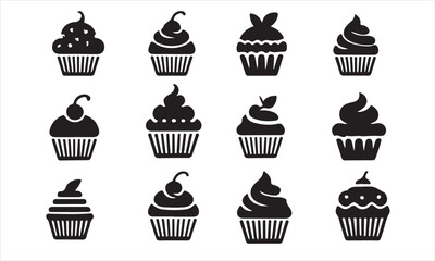Set of Black and White Cupcake Silhouettes, A collection of twelve simple, black silhouette cupcakes, displayed on a clean white background.