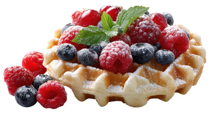 Delicious waffle topped with fresh berries and mint garnish. transparent background
