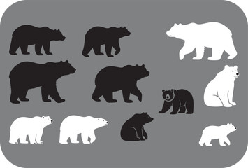 A Collection of Bear Silhouettes in Black and White on a Gray Background Featuring Walking Sitting and Standing Poses of Adult Bears and a Cub
