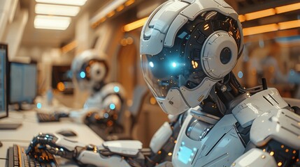 Futuristic robots engaged at computers represent the synergy between technology and innovation, highlighting advanced robotics and artificial intelligence in a modern workspace.
