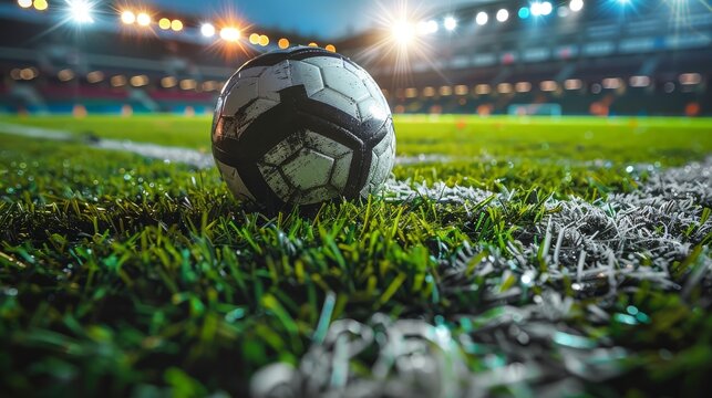 A close-up of a weathered soccer ball resting on a well-manicured turf field, illuminated by stadium lights, capturing the anticipation and atmosphere of a sports event.