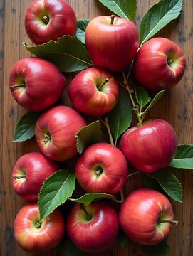 Fresh red apples with green leaves on wooden table On wooden background Free space for text Top view.