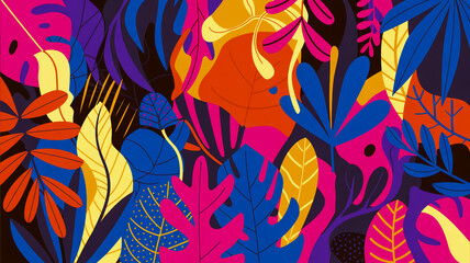 A vibrant digital illustration of tropical foliage with a dynamic color palette
