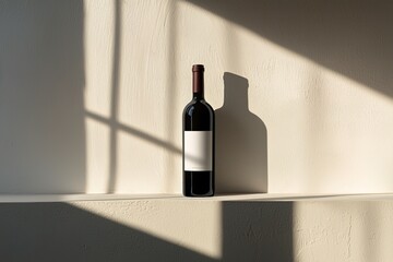 Elegant image featuring one wine bottle placed on plain white shelf, with gentle natural shadows enhancing simplicity of scene