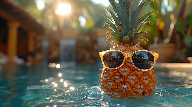 A pineapple in a swimming pool wearing sunglasses.