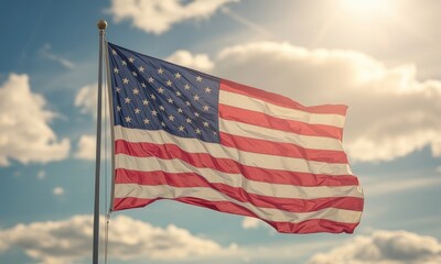 Waving national flag sunny sky patriotic symbol freedom american