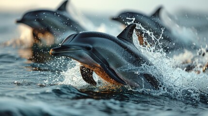 Obraz premium Dolphins leap playfully from sparkling ocean waves, showcasing their grace and energy while embodying the joyful spirit of marine life and the beauty of nature's diversity and freedom.