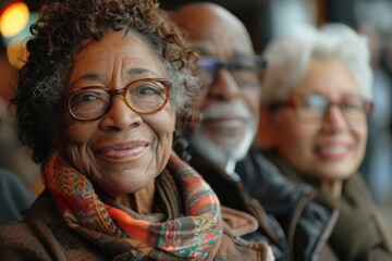 A joyful image capturing three elderly individuals smiling warmly at the camera, showcasing companionship and the beauty of friendship in a lively social gathering atmosphere.