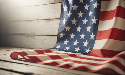 Folded american flag on rustic wood background