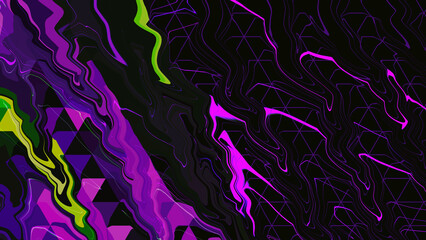 Neon green and purple pink liquid  wave on black background. Innovation technology. Art digital screen. Luxury Backdrop. Template. Tech card. wavy line. Mental Well-being. Tech news. Industrial cloud