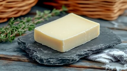 Delicious cheddar cheese on a slate board complemented by fresh herbs and rustic charm