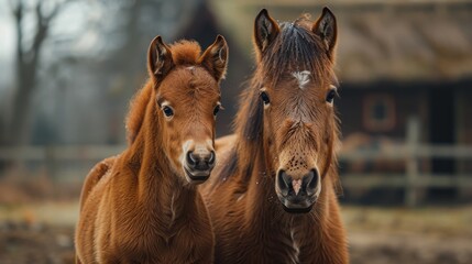A charming foal stands next to its mother, showcasing their close bond in a rustic barn environment, highlighting the beauty of nurturing relationships in nature.