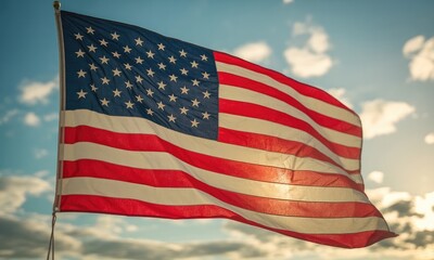 Fototapeta premium Waving national flag patriotic symbol sunny sky stars stripes red white blue