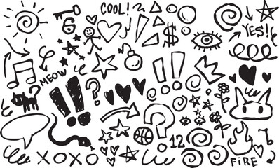 Doodle hand drawn illustration with music notes, stars, hearts and fun symbols. Great for design, patterns or stickers.