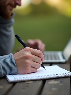 Close up hands fo mature man writing notes on laptop outdoors.