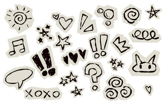 Scrapbook doodle set. Collection of sketch handdrawn scribble heart, star, mark, sign for journal. Chalk or ink craft paper cutout for scrapbook dairy