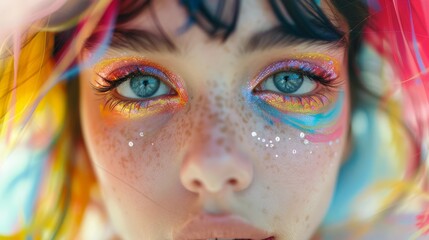 A stunning close-up portrait of a young woman featuring artistic makeup with colorful highlights that express creativity, individuality, and the trend of self-expression in fashion.