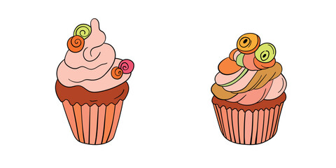 Muffin cake, sweet cupcake with cream, delicious pastries. Modern vector illustration, logo for cafe, restaurant, pastry shop. Dessert icon. Symbol for a candy bar.
