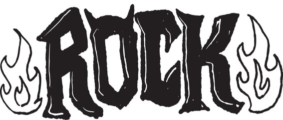 Rock text with flames, black-white drawing, energetic design, white background. Art conveys a punk music spirit.