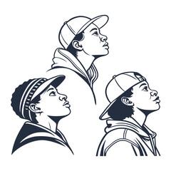 Three stylish young people in caps looking up, profile views, vector illustration