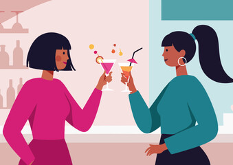 Two friends toasting with colorful cocktails at a bar in a lively social setting