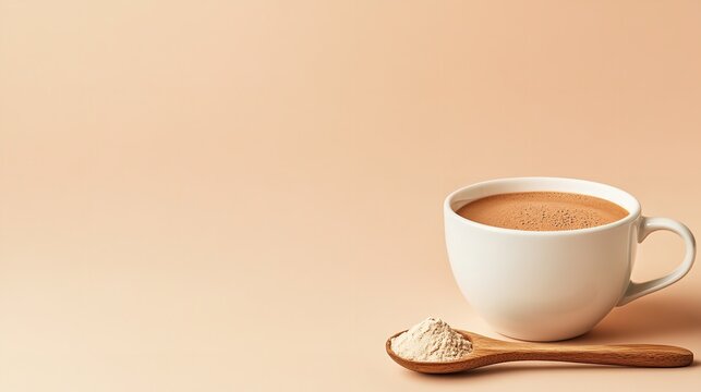 A&nbsp;pale&nbsp;brown&nbsp;setting&nbsp;depicting&nbsp;cup&nbsp;of&nbsp;black&nbsp;coffee&nbsp;and&nbsp;large&nbsp;spoon&nbsp;laden with coffee whitener powder depicts&nbsp;coffee lover and tasty treat, Generative AI.