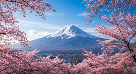 Snow-capped mountain peak gracefully framed by vibrant pink cherry blossom branches in spring