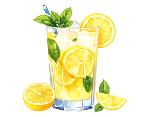 Watercolor illustration of a refreshing lemonade drink. Hand-painted glass of lemonade with lemon slices.