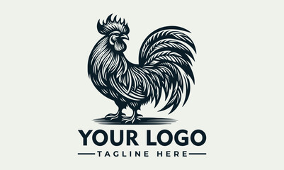 Rooster standing upright with detailed feather texture and large tail in bold monochrome illustration style. Animal concept
