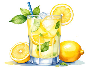 Watercolor illustration of a refreshing lemonade drink. Hand-painted glass of lemonade with lemon slices.