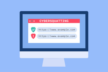 Cybersquatting explanation. Computer screen shows a warning, highlighting online security risks and potential threats.