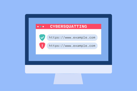 Cybersquatting explanation. Computer screen shows a warning, highlighting online security risks and potential threats.