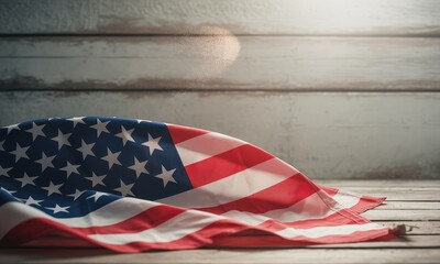Obraz premium American flag draped on rustic wooden surface soft lighting