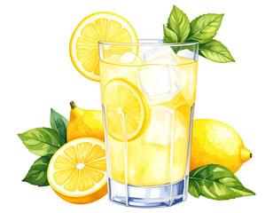 Watercolor illustration of a refreshing lemonade drink. Hand-painted glass of lemonade with lemon slices.