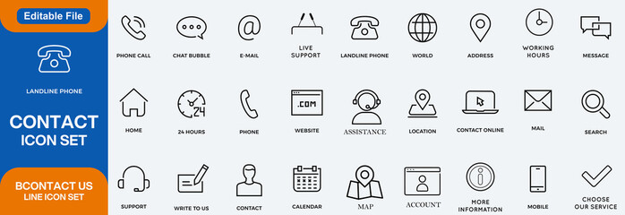 Contact stroke icon set. Containing e-mail, phone, address, customer service, call, website, and more. Editable stroke icons. Vector collection.
