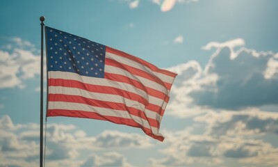 Waving flag blue sky white clouds patriotic symbol national identity freedom concept