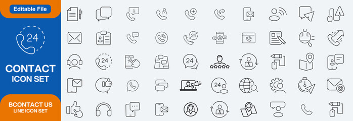 Contact icon set. Thin line and flat Contact icons set. Contact symbols - Phone, mail, smartphone, fax, info, support Line icon set..