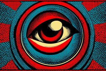 Illustration vintage d'un oeil entour&eacute; de rayons bleu et rouge, effet soleil levant