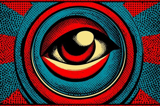Illustration vintage d'un oeil entour&eacute; de rayons bleu et rouge, effet soleil levant